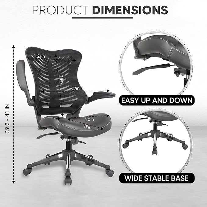 OfficeFactor Executive Ergonomic Computer Office Chair Back Mesh Bonded Leather Seat Flip-up Arms Lumbar Support Molded Foam Seat Adjustable Height Home Office Desk Chair (Black)