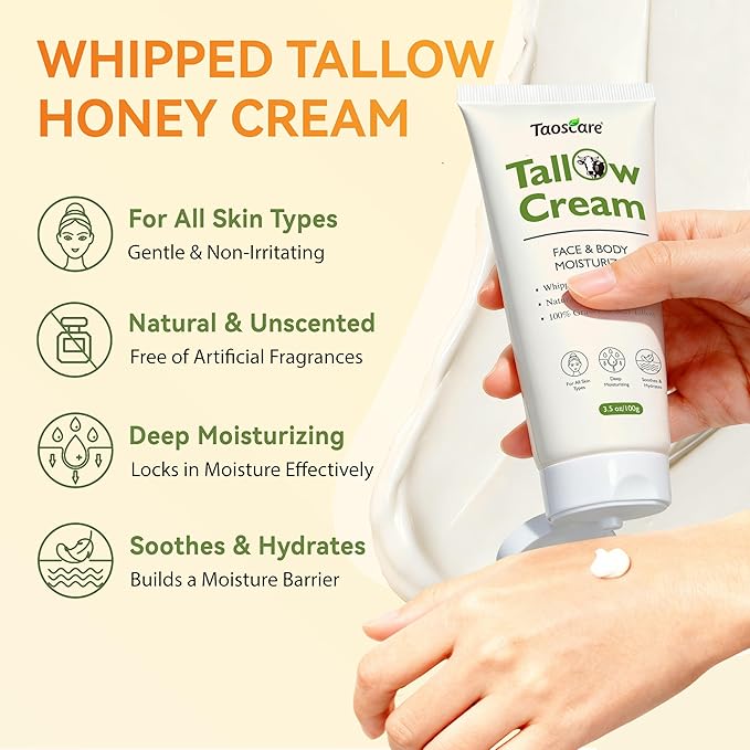 Beef Tallow for Skin, 100% Grass-Fed Whipped Tallow Balm – Organic Moisturizer for Face & Body – Deep Hydration for Dry & Sensitive Skin – Natural Tallow Cream