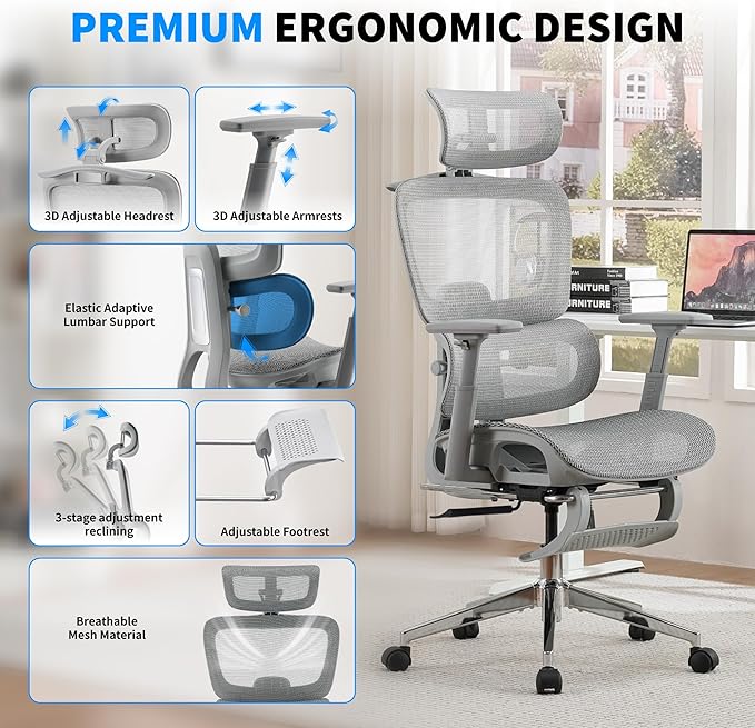 Mesh Ergonomic Office Chair with Footrest,High Back Mesh Gaming Chair with Lumbar Support,Adjustable Headrest and Armrests for Home Office Desk Chair (Modern, Grey)