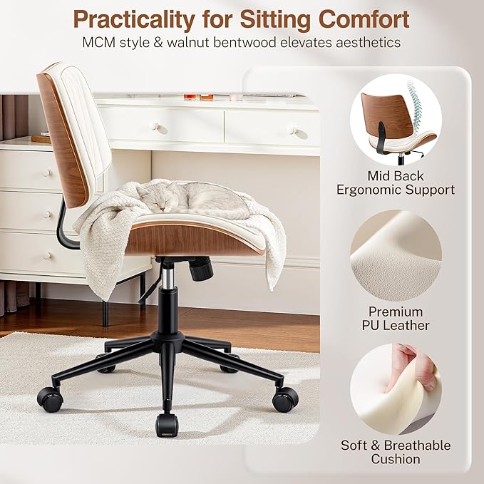 Ergonomic Armless Office Desk Chair - Mid-Century Modern White Faux Leather with Diamond Stitch, Adjustable Height Swivel Rolling Task Computer Chair with Walnut Accent for Home Office, Study & Work