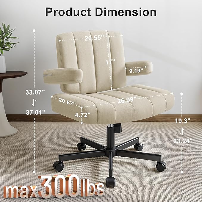Criss Cross Chair with Wheels - Wide Seat Cross Legged Office Chair with Flip-up Arms - Comfy Swivel Rolling Desk Chair with Thick Cushion and Rocking Function for Home Office Vanity Bedroom