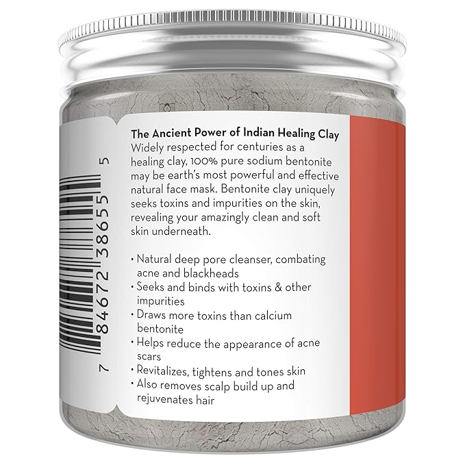 Pure Body Naturals Bentonite Clay Powder for DIY Detox Body & Face Mask, Pure Indian Healing Clay for Deep Pore Cleansing and Armpit Detox for Women, (8.0 oz)