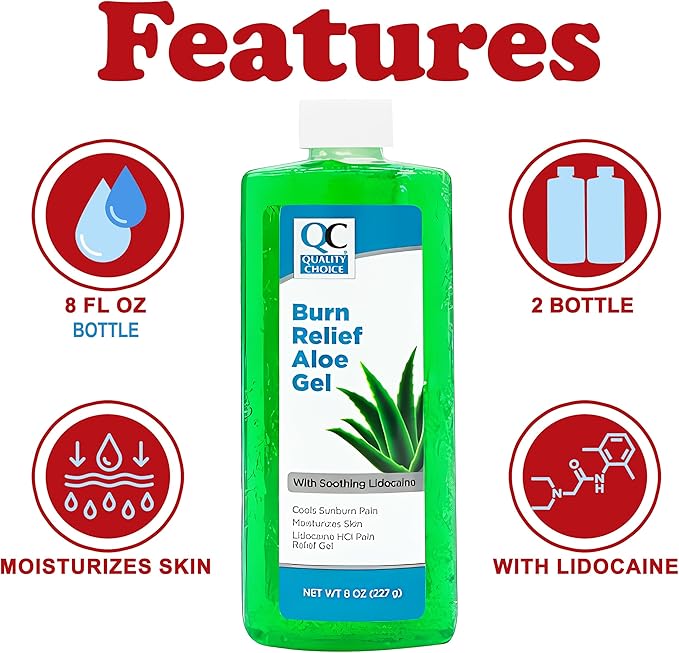 Sunburn Relief Gel with Aloe, 8 oz Bottles, Pack of 2, Pain Relieving Jelly, Soothing After Sun Care for Sunburn, Minor Burns, Irritated or Dry Skin, Fast-Absorbing Cooling