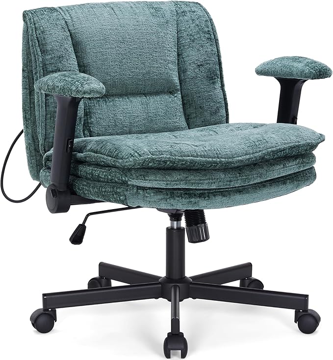Criss Cross Chair with Wheels and Flip Arms, Upholstered Cross Legged Office Chair with 3 Layer Cushions&Dynamic Airbag Lumbar Support, Wide Seat Comfy Desk Chair for Home Office, Living Room, Green