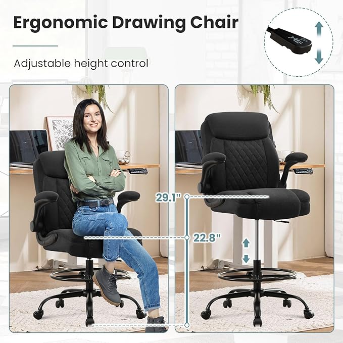 Drafting Chair for Standing Desk – Tall Office Chair with Adjustable Height & Foot Ring, Flip-Up Arms, Lumbar Support – Comfortable Fabric Seat, Ideal Home Desk Chair