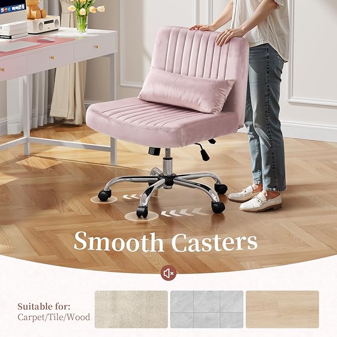 Velvet Criss Cross Chair with Wheels, Luxury Cross Legged Office Chair, Comfy Desk Chair for Home Office, Wide Seat Computer Chair, Armless Vanity Chair, Birthday Gift for Girls & Women, Pink