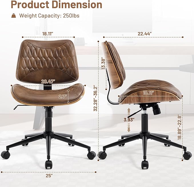 Walnut Bentwood Mid Back Armless Office Chair 2 Pack, Adjustable Height PU Leather Swivel Desk Chair with Wheels, Rolling Computer Task Chair for Home Office, Study, Meeting Room