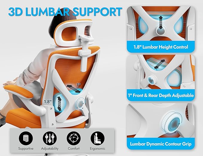 Ergonomic Office Chair - Mesh Desk Chair with Adjustable Lumbar Support High Back Computer Gaming Chairs - Big and Tall Office Chairs Adults, Comfortable for Long Hours, Orange