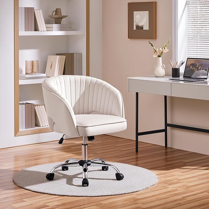 Yaheetech Cute Desk Chair Velvet Vanity Chair with Wheels Home Office Upholstered Modern Swivel Armchair with Tufted Barrel Back for Study, Vanity, Bedroom Cream