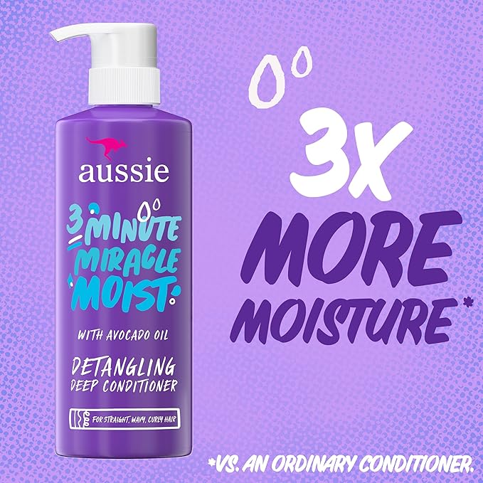 Aussie 3 Minute Miracle Moist Deep Conditioner for Dry Hair, Avocado & Jojoba Oil, Safe for Color Treated Hair, Nourishing Hydration, Silky Shine, Paraben-Free, 16 Fl Oz Each (Pack of 6)
