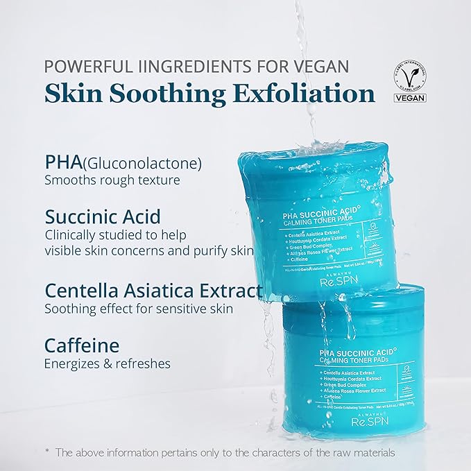 Re.SPN PHA Succinic Acid Calming Toner Pads + Re.SPN Peptide Duo - Daily Exfoliating, Hydrating and Soothing, Wrinkles & Dark Circles with Gua Sha Applicator, Vegan, Eye Peptide, Niacinamide, K-Beauty