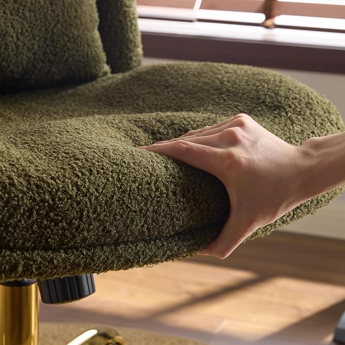 VINGLI Wide Criss Cross Legged Office Chair,Buttprint Ergonomic Desk Chair Comfy with Pillow&Gold Base,Dual-Use with/no Wheels,Adjustable Vanity Swivel Chair for Bedroom,Home Office,Teddy Fleece,Green