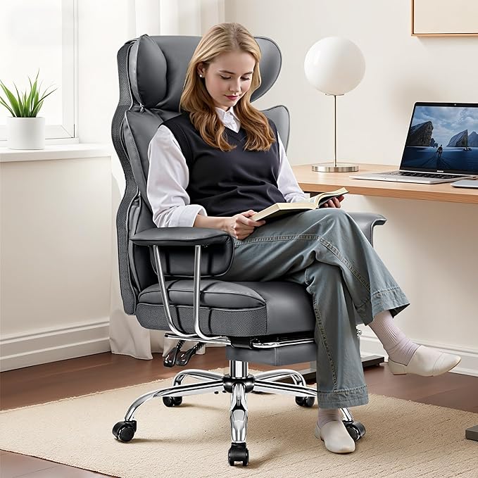 Office Chair Comfy, Big and Tall Executive Leather Chair, High Back Ergonomic Wide Chair with Footrest, Reclining Computer Desk Chair, Heavy Duty Gaming Chair with Padded Arm and Pillow, Grey