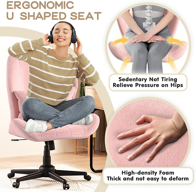 Criss Cross Chair with Wheels, Wide Cross Legged Office Chair Armless Comfy Desk Chair with Tall Back Vanity Chairs with Stress Relief Curved Design Seat for Bedroom & Office & Home Pink