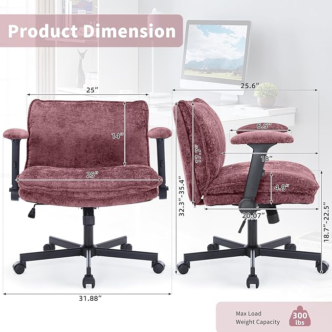 Cross Legged Office Chair, Height Adjustable Swivel Desk Chair with Flip-Up Arms, Padded Criss Cross Chair for Home Office & Bedroom