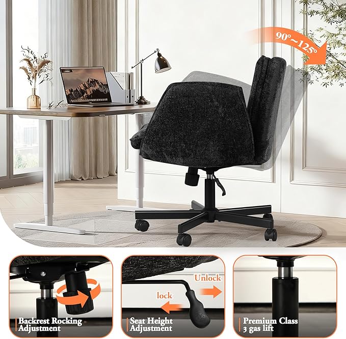 Criss Cross Chair with Wheels & Arms, Chenille Cross Legged Office Chair with 5-level Folding Armrest, Comfortable Adjustable Swivel Vanity Chair for Home, Make Up, Bed Room, Office, Accent (Black).