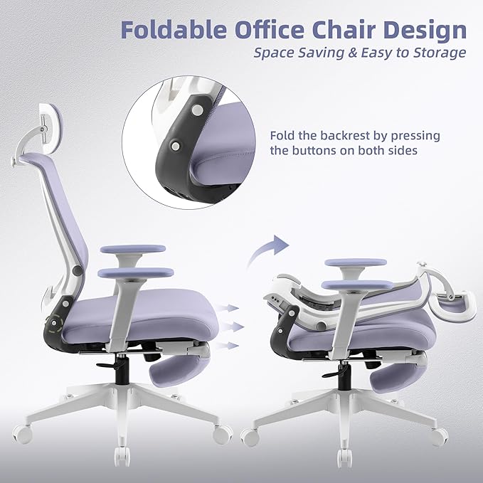 Foldable Office Chair with Foot Rest, Ergonomic Office Chair with Adjustable Lumbar Support, Headrest, Armrest, Home Office Desk Chair for Space Saving, Work from Home, Purple