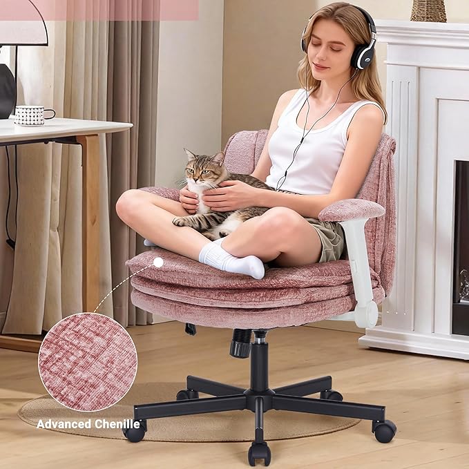 Criss Cross Chair with Wheels and Flip Arms, Upholstered Cross Legged Office Chair with 3 Layer Cushions&Dynamic Airbag Lumbar Support, Wide Seat Comfy Desk Chair for Home Office, Living Room, Pink