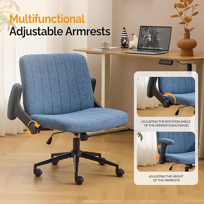 VINGLI Criss Cross Chair with Adjustable Flip-Up Arms,Cross Legged Chair with Wheels,Extra Wide Office Chair,Desk Chair for Home Office,Vanity,Bedroom, Apartment,Starry Chenille,Navy Blue