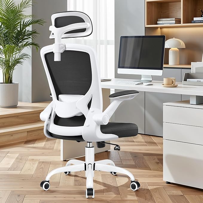 Office Chair Ergonomic Desk Chair, Breathable Mesh Office Chairs with Adjustable Lumbar Support, Flip-Up Arms, Computer Desk Chair Comfy for Home Office, White