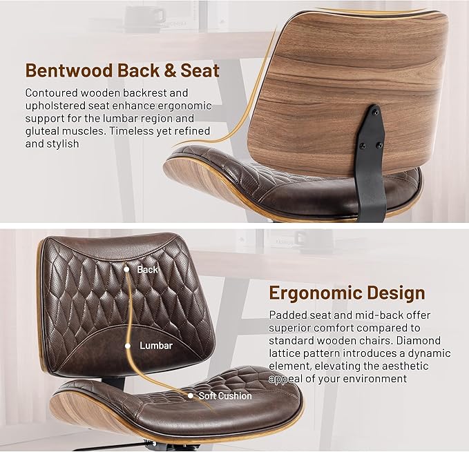 Walnut Bentwood Mid Back Armless Office Chair 1 Pack, Adjustable Height PU Leather Swivel Desk Chair with Wheels, Rolling Computer Task Chair for Home Office, Study, Meeting Room