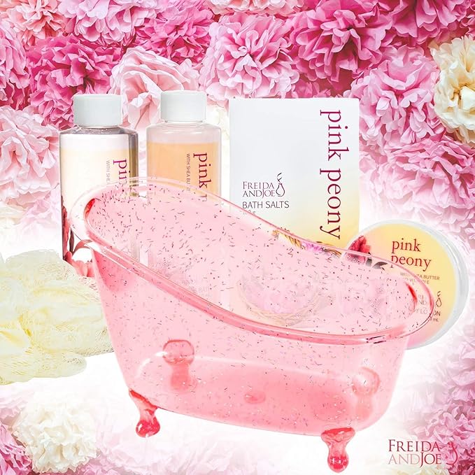 Home Spa Gift Basket Peony Spa Set For Women, Contains Shower Gel, Bubble Bath, Body Lotion, Peony Bath Salt & Puff in a Pink Feminine Tub – Mother's Day Gift for Mom