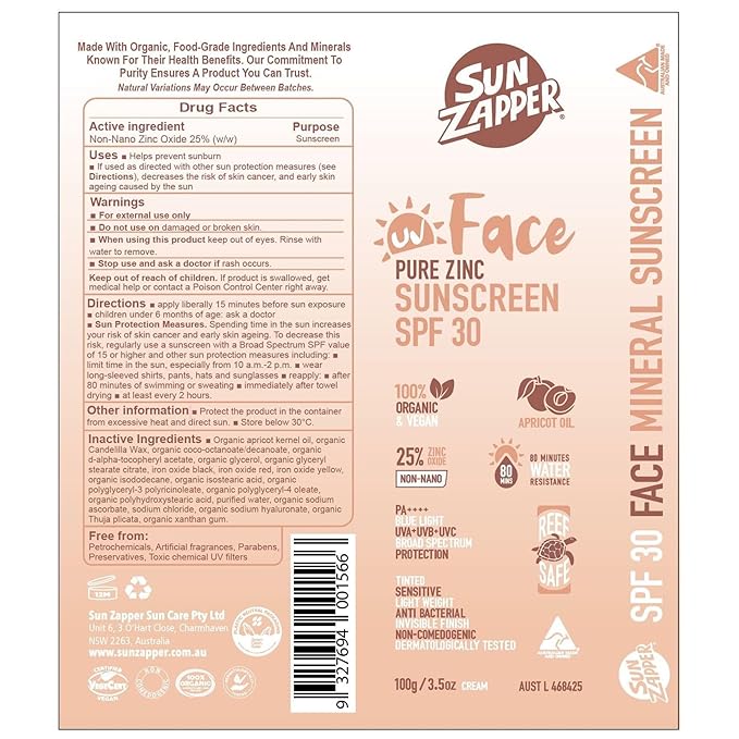Sun Zapper Face Pure Zinc Sunscreen SPF 30 Tinted – Organic Mineral Sunscreen, 25% Non-Nano Zinc Oxide, Lightweight Invisible Finish, Reef Safe, Vegan, 100g (3.5 oz) Pump, Australian Made
