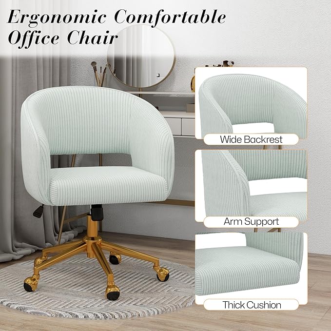 Home Office Swivel Desk Chair, Modern Corduroy Vanity Chair, Height Adjustable Armchair with Gold Base, Ergonomic Office Chair for Task Study Computer Room, Light Blue