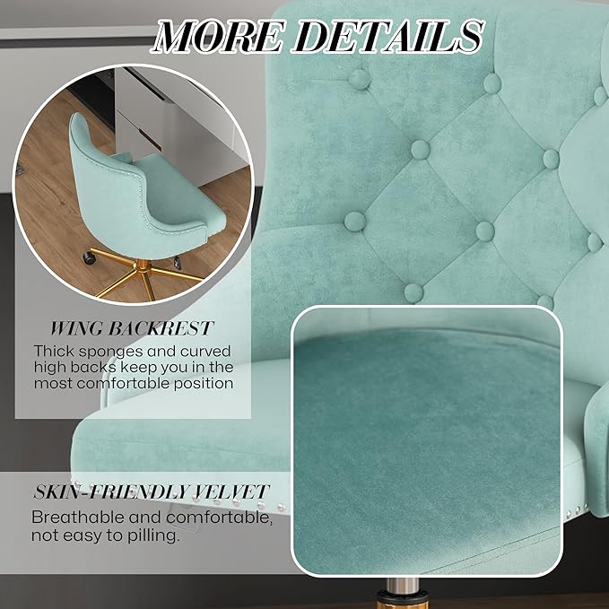 Velvet Armless Home Office Desk Chair, Swivel Height-Adjustable Small Cute Vanity Chair for Women/Girls, Comfy Makeup Chair with Rivet and Gold Base for Living Room, Bedroom(Green)