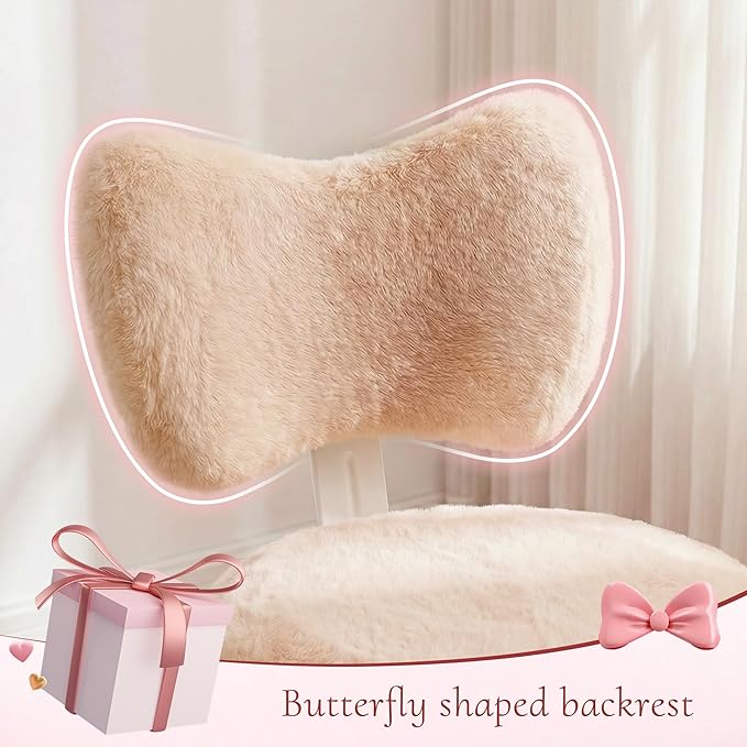 Vanity Chair with Wheels, Cute Desk Chair with Bow Backrest, Fluffy Faux Rabbit Fur Small Office Chair for Vanity, Make-up Room, Bedroom, Dorm, Height Adjustable, Orange Pink