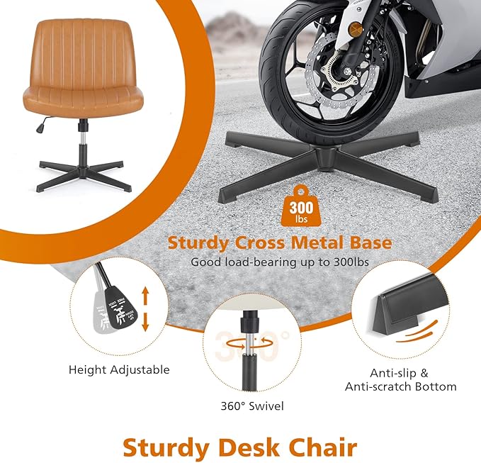 Sweetcrispy Criss Cross Chair Legged, Armless Office Swivel Desk Chair No Wheels, Vanity Height Adjustable Wide Seat Faux Leather Computer Task Seating for Home Bedroom