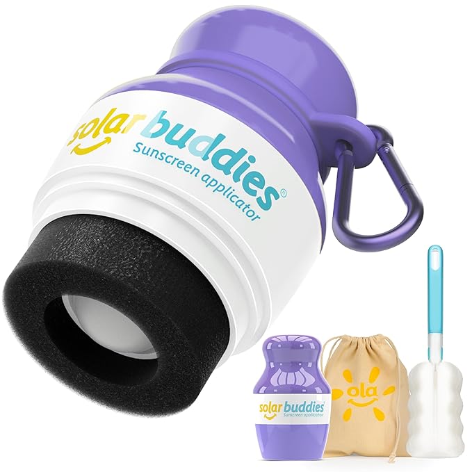 Solar Buddies Grab & Go Travel Bundle, Carabina Clip & Cleaning Brush - Single Full Purple - Refillable Roll on Sponge Sunscreen, Suncream & Lotion Applicator For Kids, Adults & Families - Holds 100ml