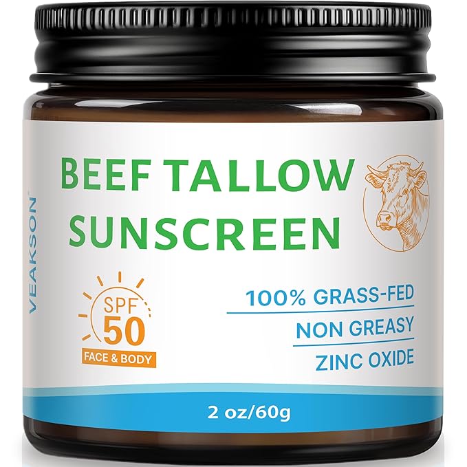 Beef Tallow Sunscreen SPF 50, Organic Grass-Fed Tallow Sunscreen with Non Nano Zinc Oxide, Natural Non-Greasy Formula for Face & Body, Water Resistant, Adult & kids, Reef Safe Travel Size, Unscented