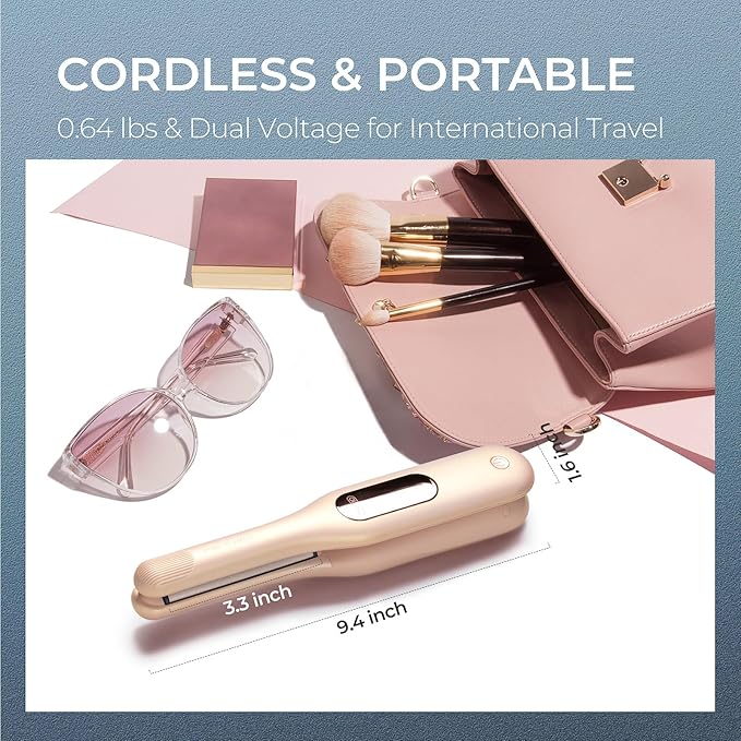 TYMO Curling Iron for Short Hair - Cordless Mini Flat Iron for Travel, Portable Small Curved Straightener for Women, Hair Straightener and Curler 2 in 1, Lightweight On-The-Go, Dual Voltage, Gold Pink