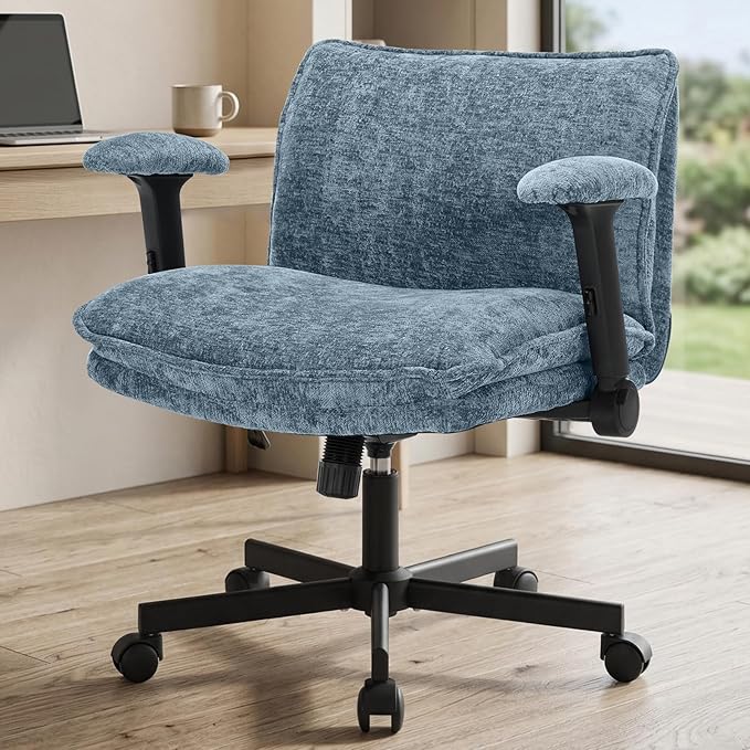 Cross Legged Office Chair, Height Adjustable Swivel Desk Chair with Flip-Up Arms, Padded Criss Cross Chair for Home Office & Bedroom