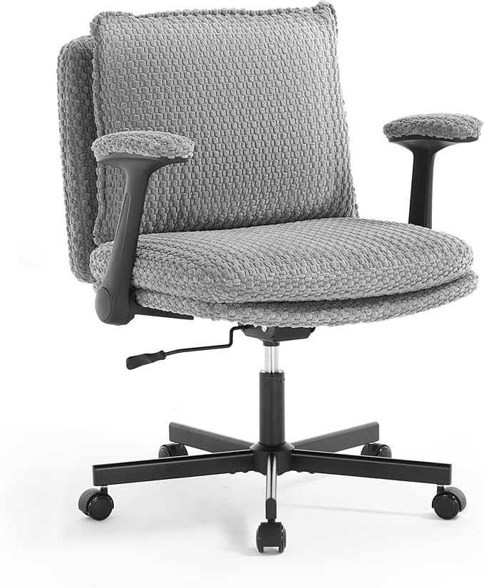 Fizzin Flip-up Armrests for Criss Cross Chair,Cross Legged Chair with Wheels,Memory Foam Seat Office Desk Chair,Mid Back Swivel Chair for Home Office,Bedroom Vanity (Grey Armrests)
