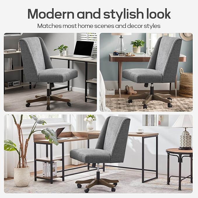 Upholstered Armless Home Office Chair with Wooden Legs, Modern Office Desk Chair No Arms Sewing Chair Adjustable Swivel Desk Chair for Farmhouse Office Study Studio (Dark Gray)