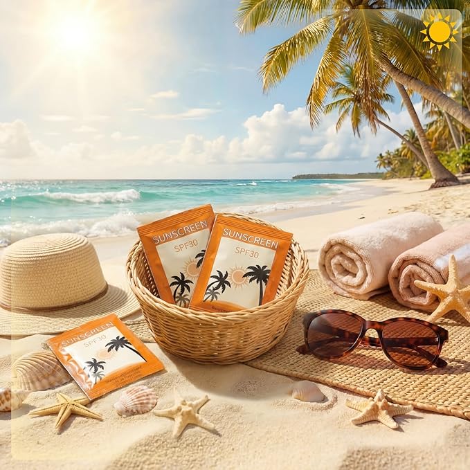 Leelosp Pack of 100 Mini Sunscreen Packets Bulk SPF 30+ Travel Size Sunscreen Lotion Moisturizing for Summer Party Favors Thank You Gifts
