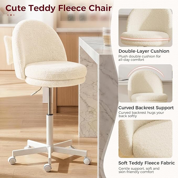GTPLAYER Velvet Tall Office Chair with Wheels Vanity Chairs with Back, Versatile Height Use: Office to Bar Stools Small Ergonomic Comfy Armlees Computer Desk Chair with Bow Lumbar Pillow for Gift