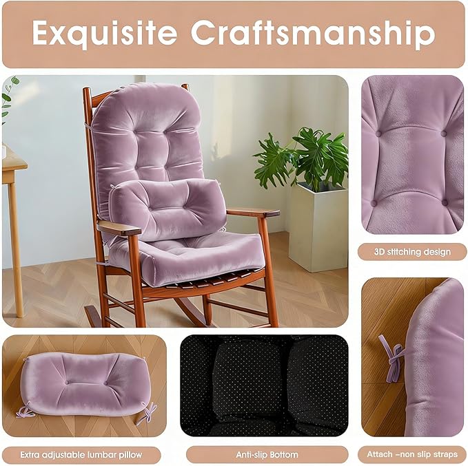 Rocking Chair Cushion Indoor Large Chair Pads Set with Ties Extra Lumbar Pillow Premium Dutch Velvet High Resilience Filler Non-Slip Bottom, Pink