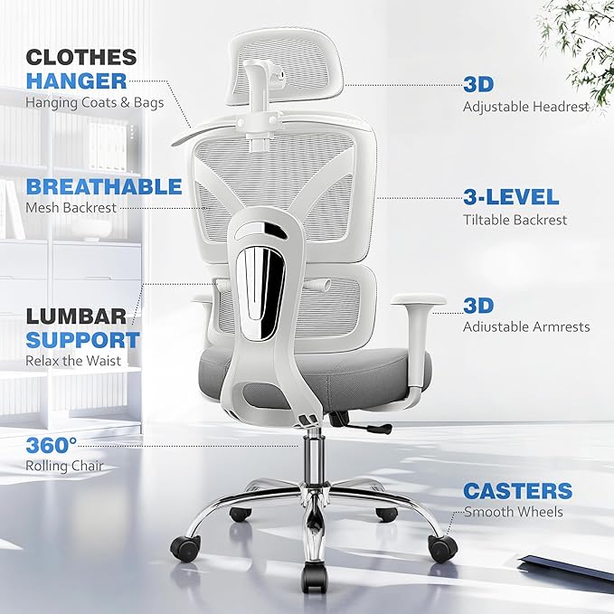 Ergonomic Office Desk Chair, High Back Mesh Office Chair with Adjustable Lumbar Support, 3D Headrest, Big and Tall Home Computer Desk Chairs Comfy for Work, Gaming, 300lbs, Gray