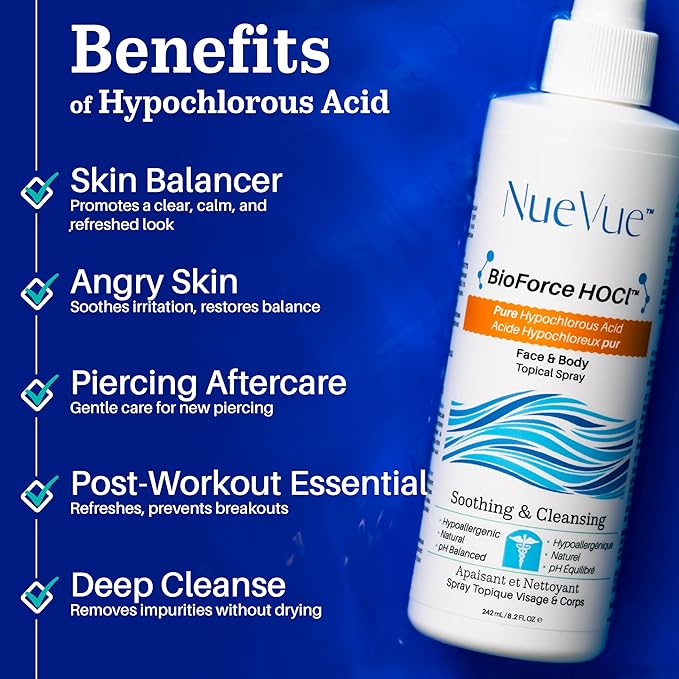 BioForce HOCl Pure Hypochlorous Acid Spray Refill for Face & Body (16.9 Oz) - Acne-Prone Skin & Eczema, Piercing aftercare, Made in Canada, Gentle Skin Cleanser & Toner, pH Balanced, Non-comedogenic