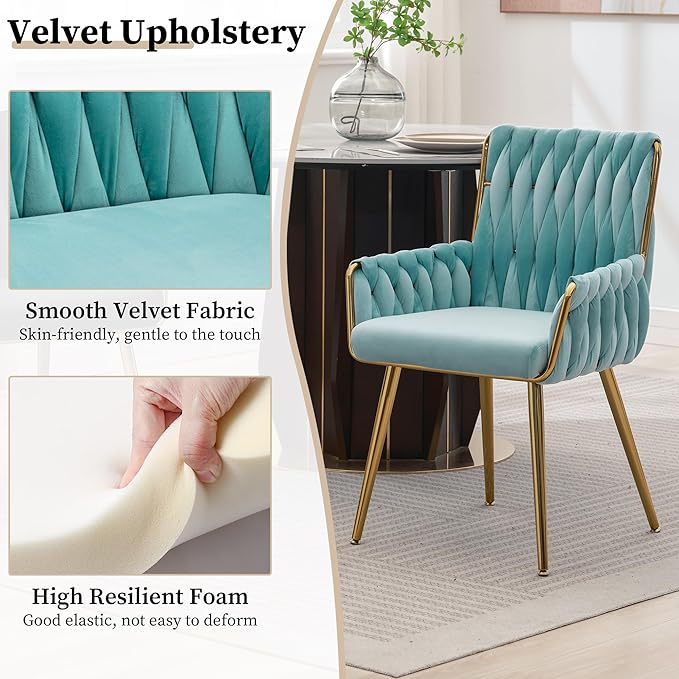 ABET Office Desk Chair No Wheels, Woven Velvet Vanity Chair with Back & Armrest, Comfy Upholstered Cute Gold Metal Legs Makeup Aesthetic Armchair for Girls & Women Bedroom, Nail Spa, Light Blue