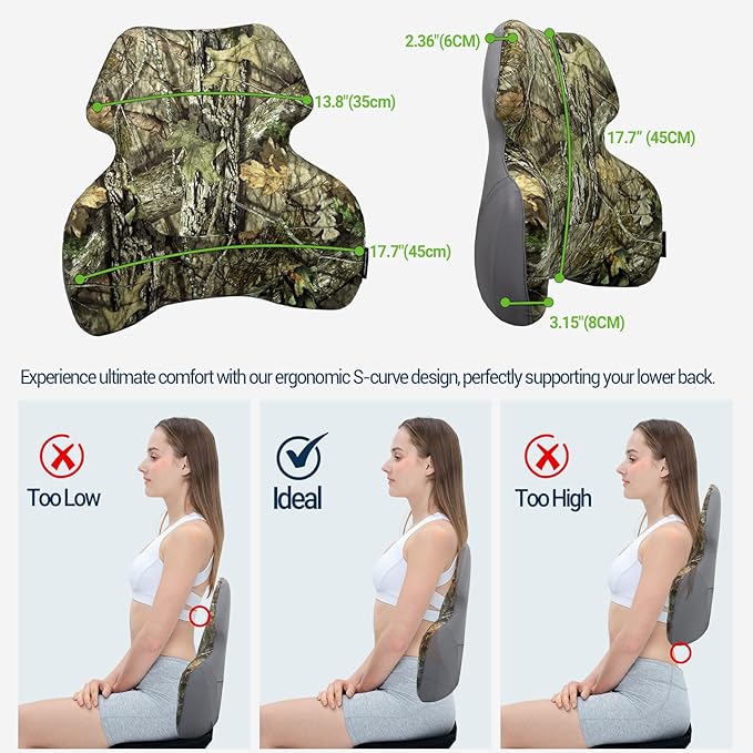 Lumbar Back Support Pillow for Car - Back Support for Medium to Large Vehicles - Soft Memory Foam Car Seat Cushion - Camouflage Back Pain Relief for Office Chair, Gaming Chair, Recliner, Mossy Oak