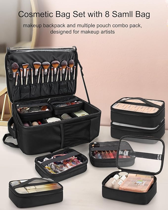 TANTO Makeup Backpack Professional Cosmetic Artist Bag Extra Large Travel Train Case Storage Organizer Double-Layer Cosmetic Case with 8 Pouch &Adjustable Divider (Black)