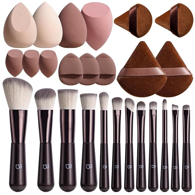 BS-MALL 12 Pcs Professional Travel Makeup Brush Set With Makeup Sponges - Includes Foundation Brush, Powder Puff, Finger Sponges & Triangle Puffs For Soft Daily Use