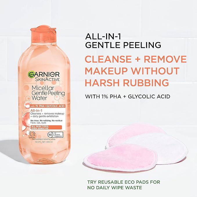 Garnier SkinActive Gentle Peeling Micellar Water with 1% PHA and Glycolic Acid, Face Exfoliant, Facial Cleanser and Makeup Remover, 2 Pack