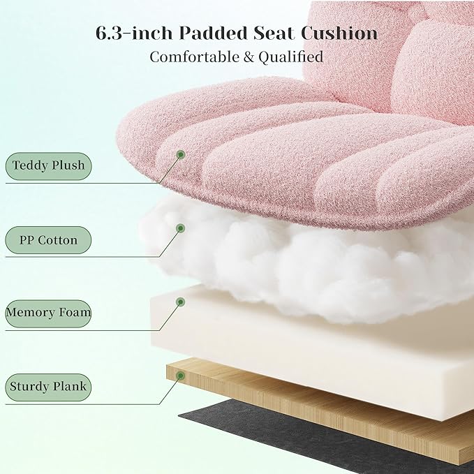 Cross Legged Office Chair with Foot Rest, 6.3" Thick Cushioned Criss Cross Chair with Wheels, Height Adjustable Swivel Vanity Chair for All-Day Comfort (Pink)