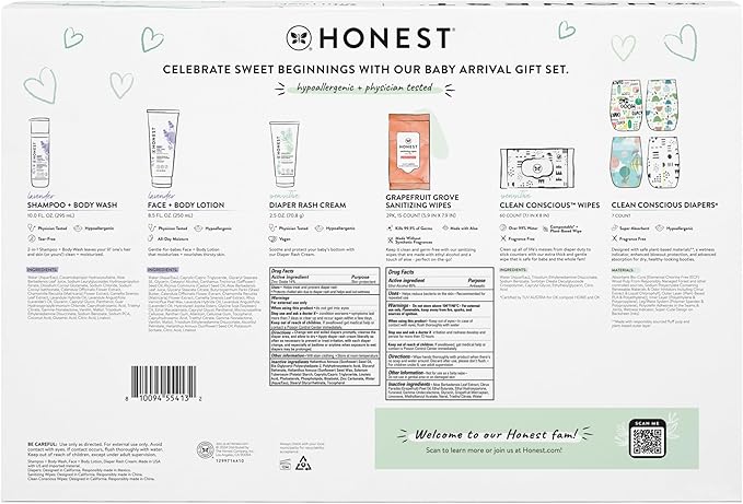 The Honest Company Baby Arrival Gift Set Newborn Essentials Welcome Box, Diapers Wipes Personal Care Diaper Rash Cream