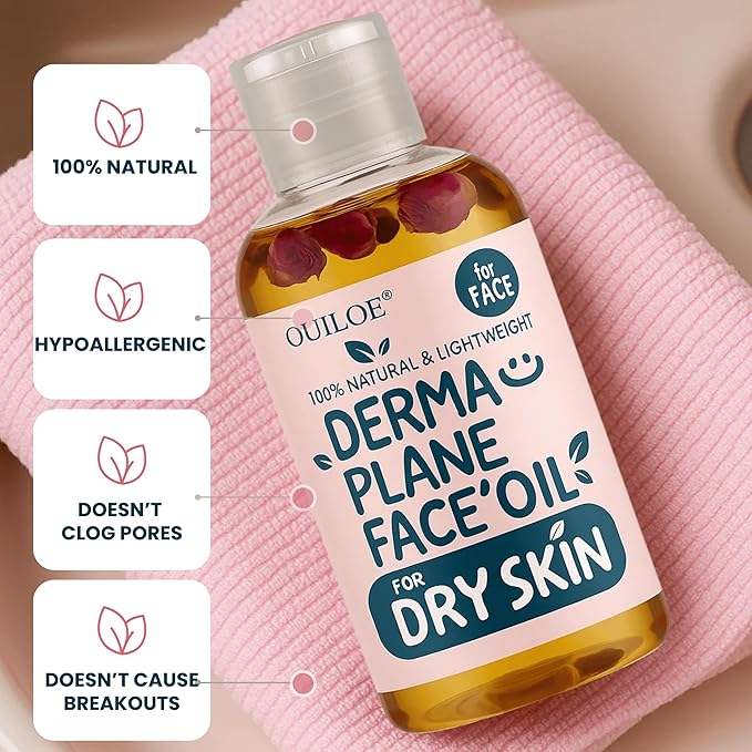 Dermaplaning Oil for Dry Skin - Hydrating Face Shaving Oil for Women - Safe for Acne Prone Skin - Non Comedogenic, Fragrance Free, Natural and Hypoallergenic for Pre & Post Dermaplaning 4oz by Ouiloe